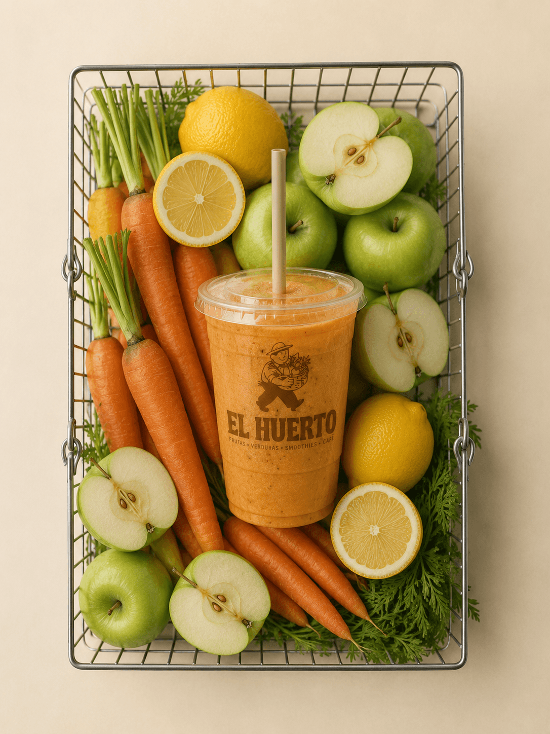 Smoothie de zanahoria de El Huerto dentro de una canasta con fruta fresca