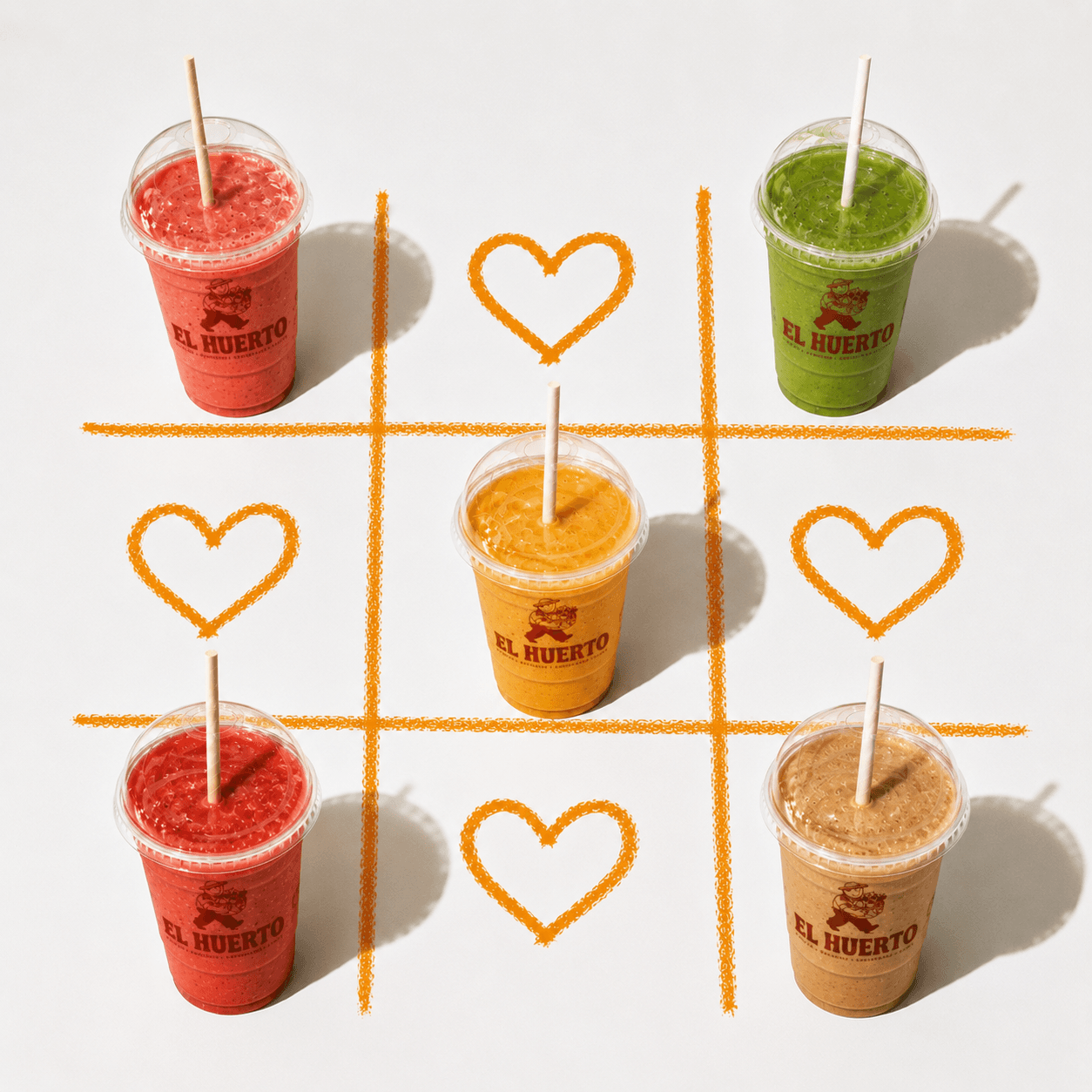 Cinco smoothies de El Huerto de distintos sabores en cuadrícula