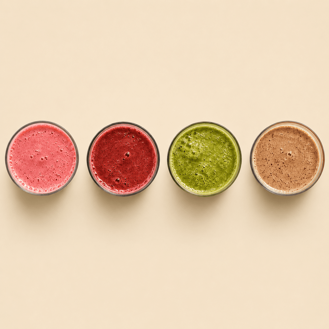 Cuatro smoothies de El Huerto vistos desde arriba: fresa, frutos rojos, matcha y chocolate